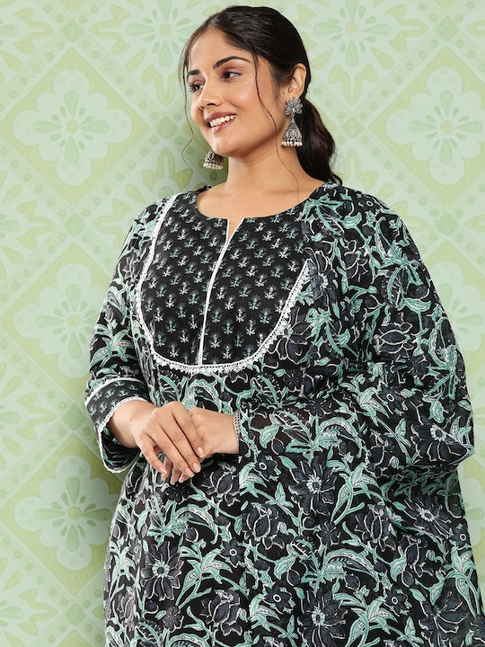 Yufta Plus Size Floral Printed Sequinned Pure Cotton Kurta with Trousers & Dupatta