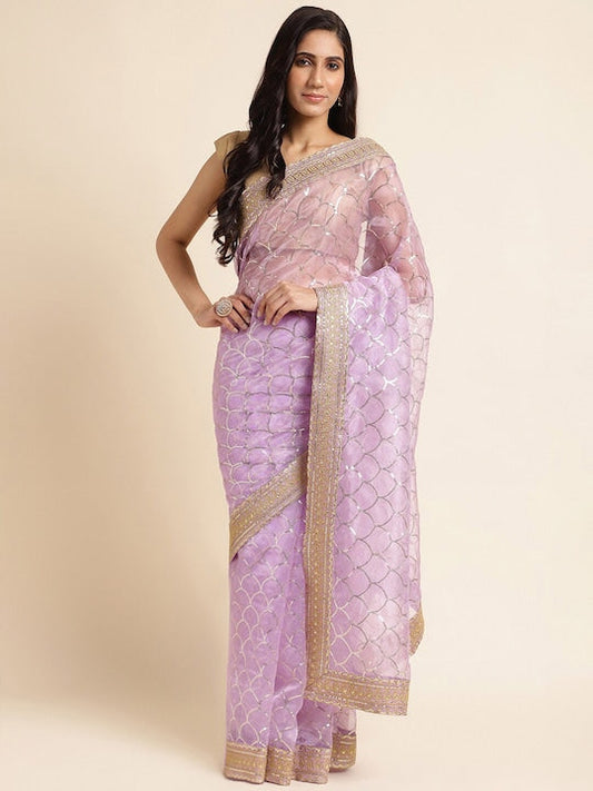 Fabmora Geometric Embellished Sequinned Organza Saree