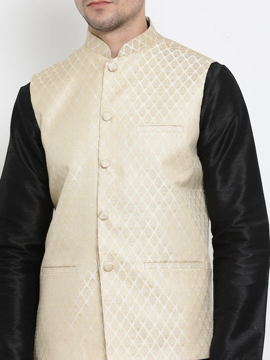 Vastramay Men Cream-Coloured Woven Design Nehru Jacket
