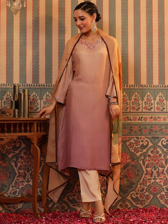 Scakhi Striped Mirror Work Kurta with Trousers & Dupatta