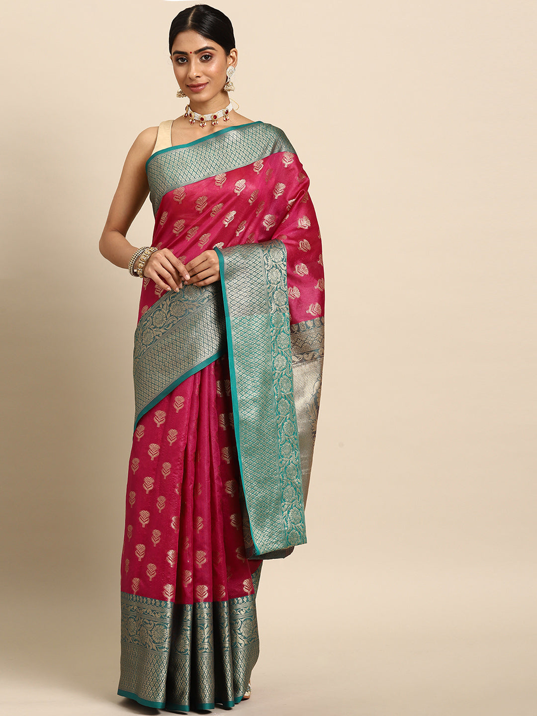 Silk Land Pink & Teal Ethnic Motifs Zari Art Silk Banarasi Saree