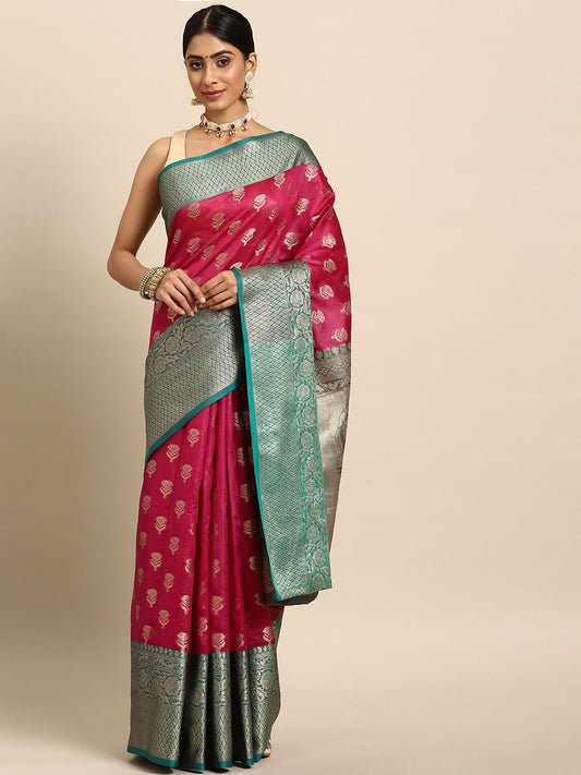 Silk Land Pink & Teal Ethnic Motifs Zari Art Silk Banarasi Saree