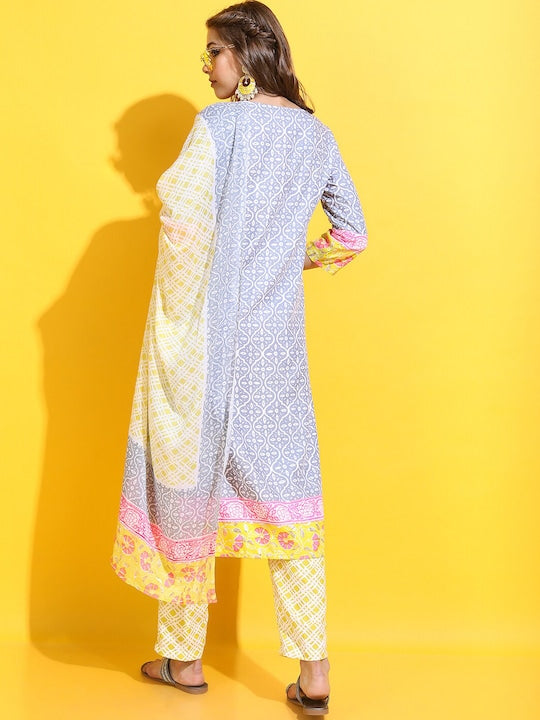 Vishudh Women Ethnic Motifs Pure Cotton Kurta with Trouser and Dupatta