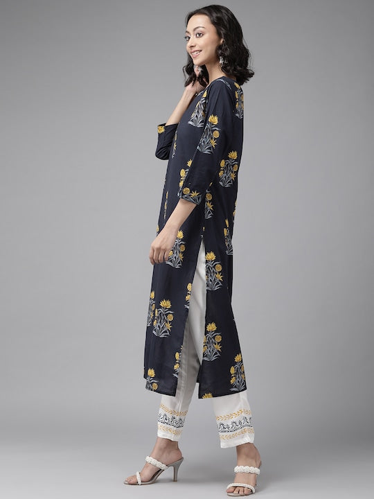 Yufta Women Navy Blue & Mustard Yellow Floral Printed Pure Cotton Kurta with Palazzos White