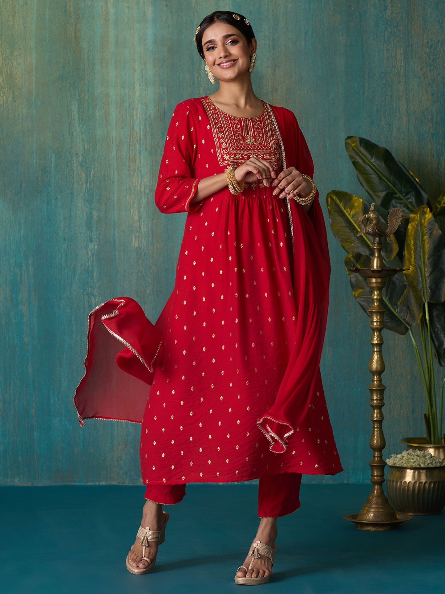 Likha Red Tyohar Golden Foil Printed Kurta Pant & Dupatta LIKSKD274 (Set of 3)