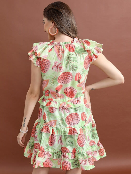 Vishudh Tropical Print Tie-Up Neck Tiered Fit & Flare Mini Dress