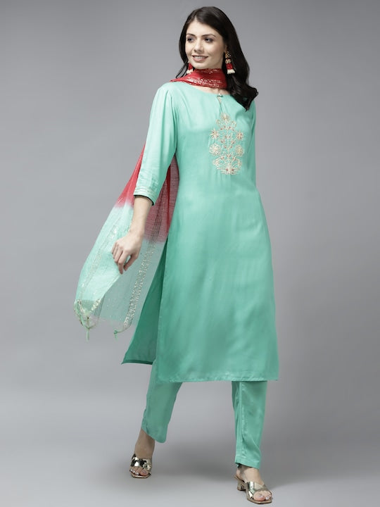 Yufta Women Sea Green Ethnic Motifs Gotta Patti Kurta with Trousers & With Dupatta