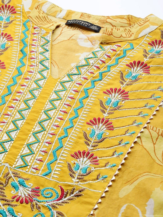 Readiprint Fashions Women Mustard Yellow & White Floral Printed Floral Anarkali Kurta