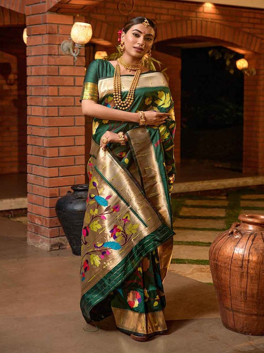 Mitera Green & Grey Floral Zari Art Silk Saree