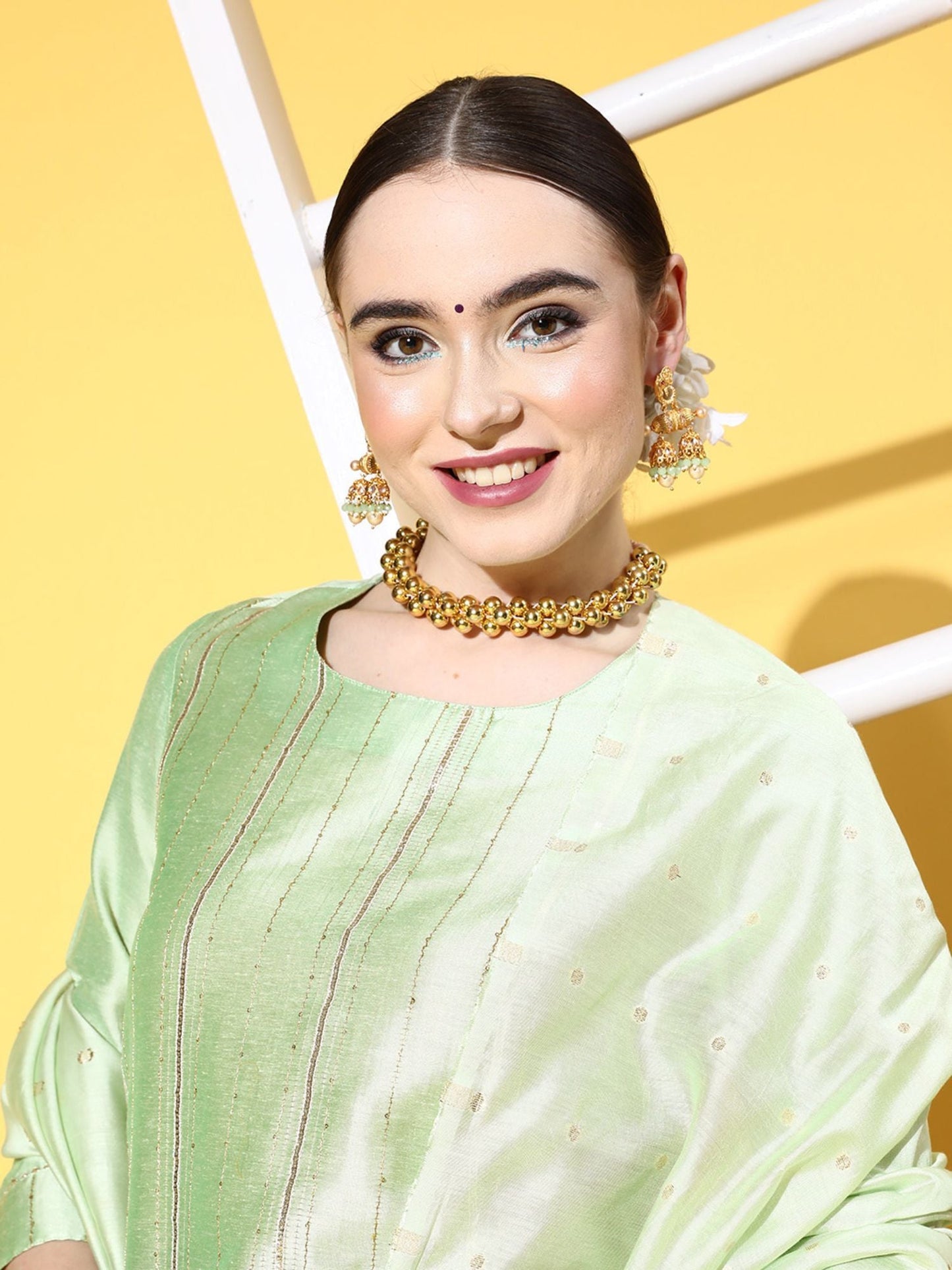 ISHIN Womens Green Zari A-Line Kurta with Trouser & Dupatta (Set of 3)