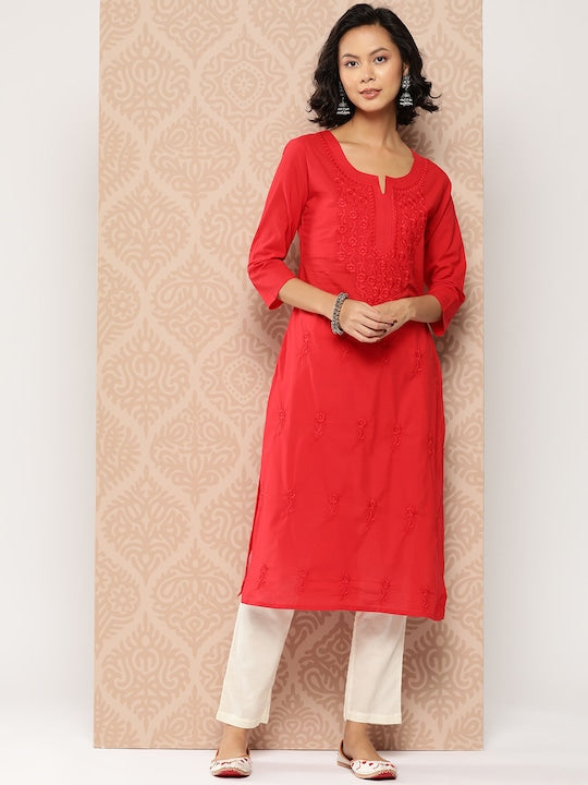 Yufta Floral Embroidered Chikankari Cotton Kurta Red