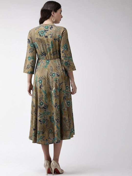 All about you Mustard Brown & Green Floral Printed A-Line Midi Dress