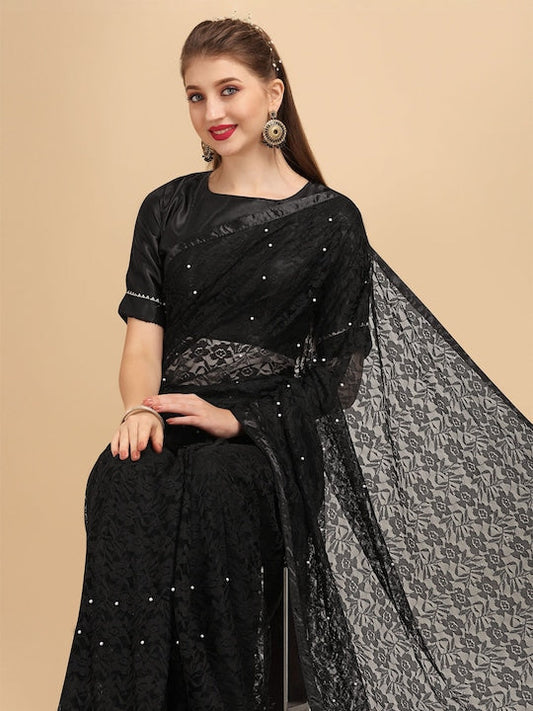 Sangria Black & White Floral Beads and Stones Lace Saree