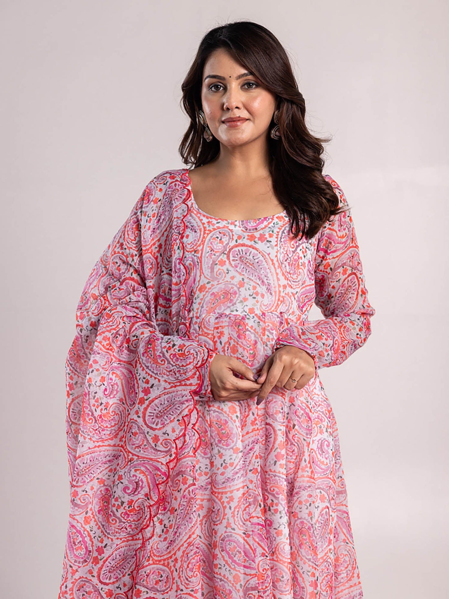 ONEWE INDIA Paisley Linen Anarkali Kurta with Churidar & Dupatta (Set of 3)