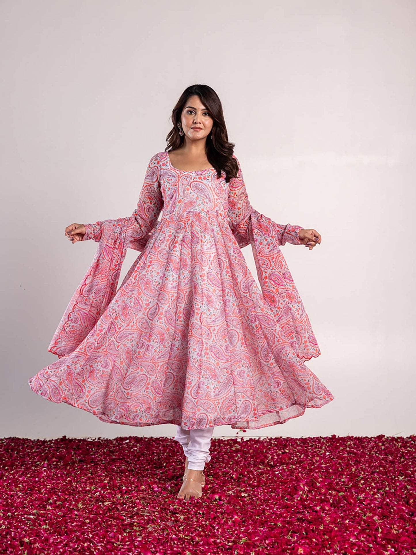 ONEWE INDIA Paisley Linen Anarkali Kurta with Churidar & Dupatta (Set of 3)