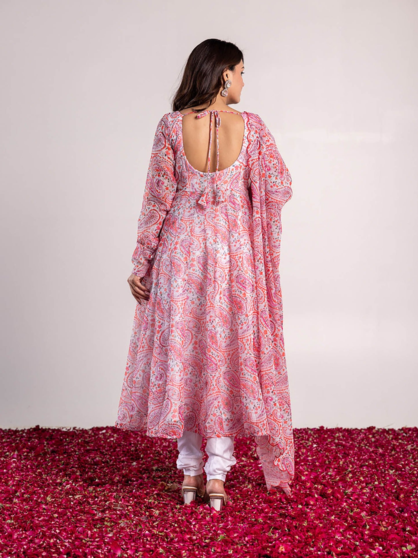 ONEWE INDIA Paisley Linen Anarkali Kurta with Churidar & Dupatta (Set of 3)