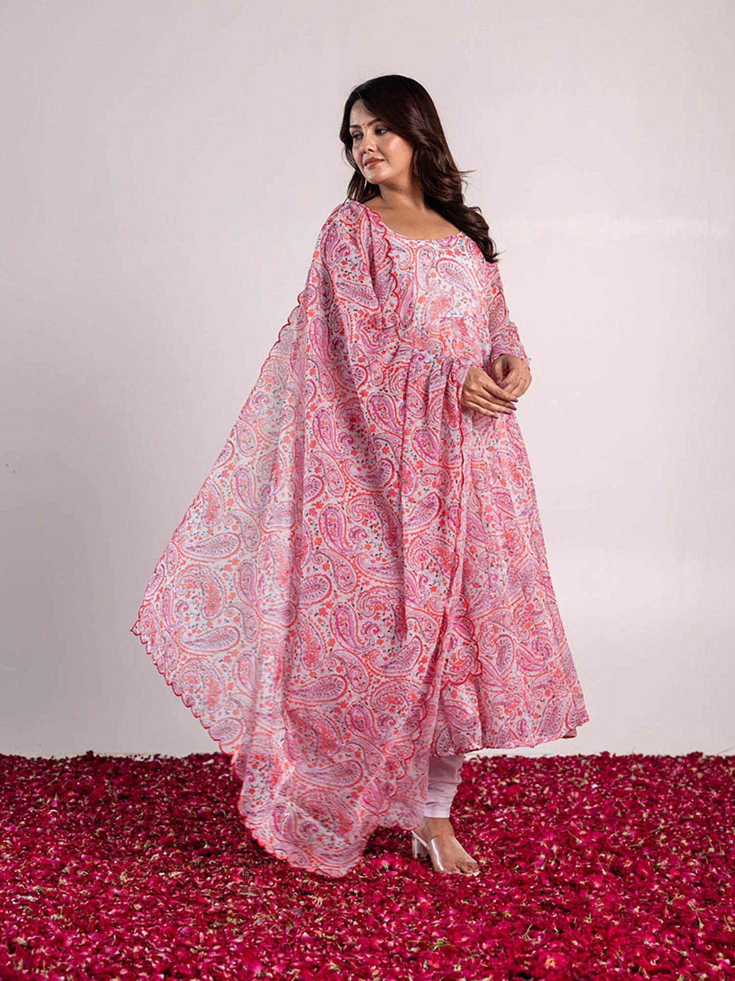 ONEWE INDIA Paisley Linen Anarkali Kurta with Churidar & Dupatta (Set of 3)