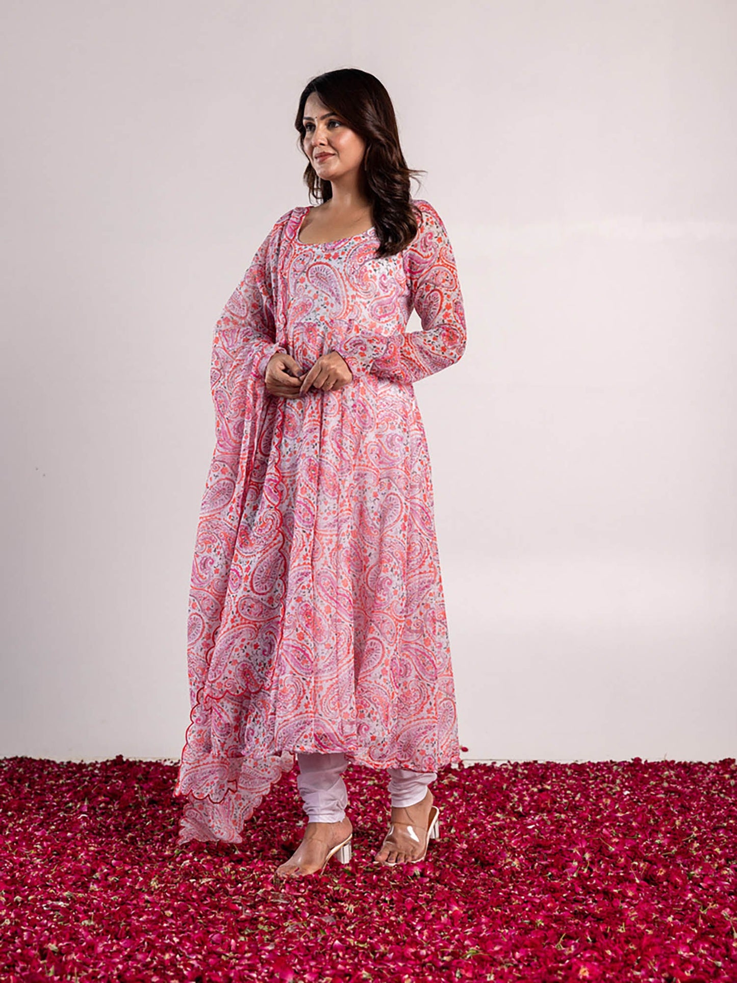 ONEWE INDIA Paisley Linen Anarkali Kurta with Churidar & Dupatta (Set of 3)