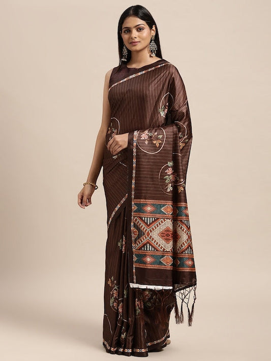 Janasya Brown Floral Satin Bagh Saree