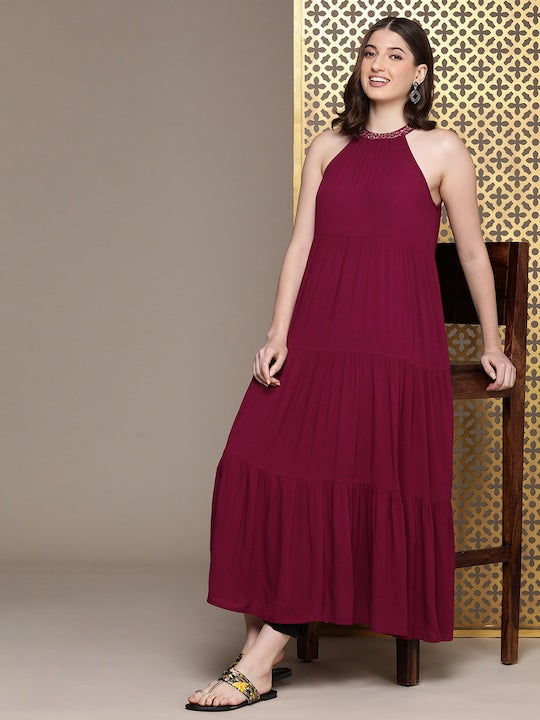 House of Pataudi Solid Halter Neck Sleeveless Tiered Rozana Kurta