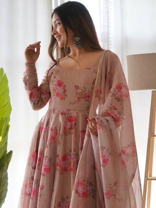 Fusionic Floral Printed Boat Neck Ethnic Dresses With Dupatta