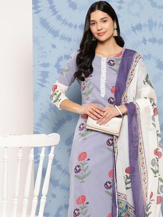 Yufta Floral Printed Regular Pure Cotton Kurta with Trousers & With Dupatta