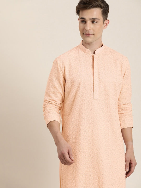 Vastramay Men Pink Ethnic Motifs Embroidered Georgette Kurta