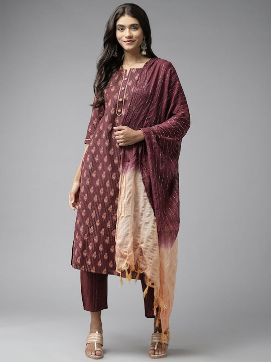 Yufta Women Ethnic Motifs Printed Notch Neck Pure Cotton Kurta with Trousers & Dupatta