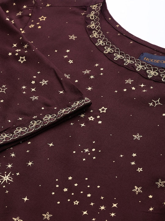 House of Pataudi Women Burgundy Printed Kurta with Trousers