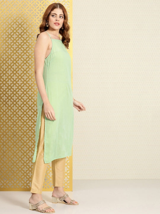 House of Pataudi Women Sage Green Striped Kurta
