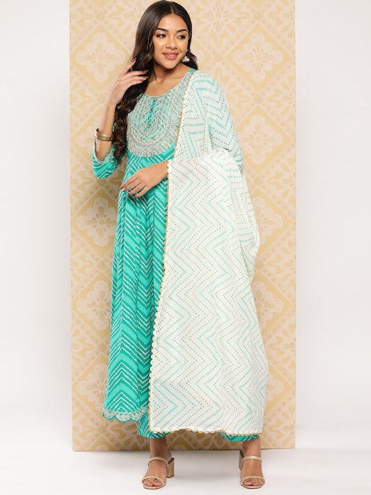 Yufta Embroidered Zari Pure Cotton Kurta with Trousers & Dupatta