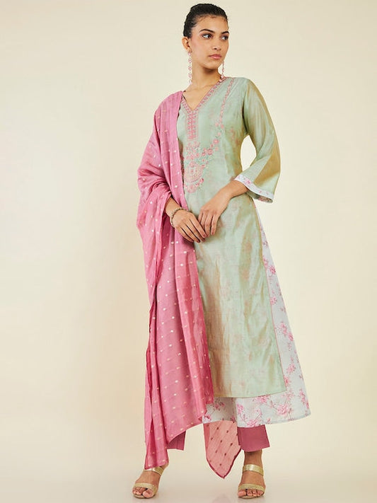 Soch Floral EmbroideredChanderi Cotton Kurta with Trousers & Dupatta - S