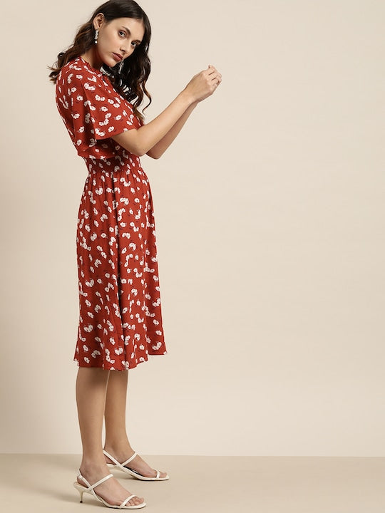 All about you Rust Red & White Floral Printed Smocked Detailing Fit and Flare Dress