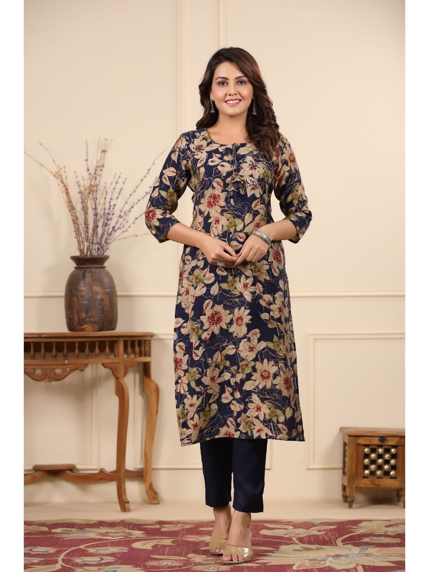 PIROH Women Modal & Shantoon Floral Print Straight Kurta Pant Blue (Set of 2)