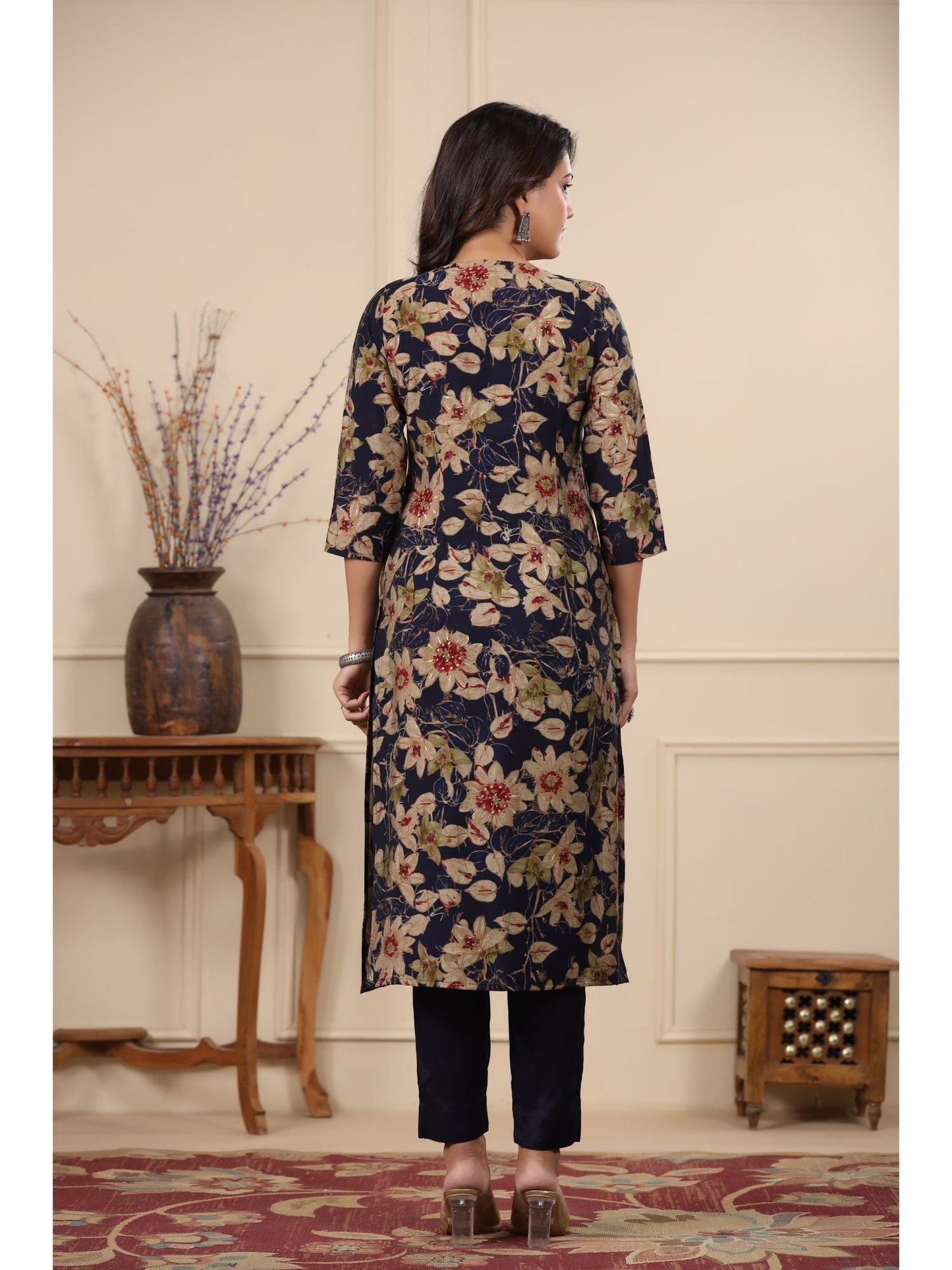 PIROH Women Modal & Shantoon Floral Print Straight Kurta Pant Blue (Set of 2)