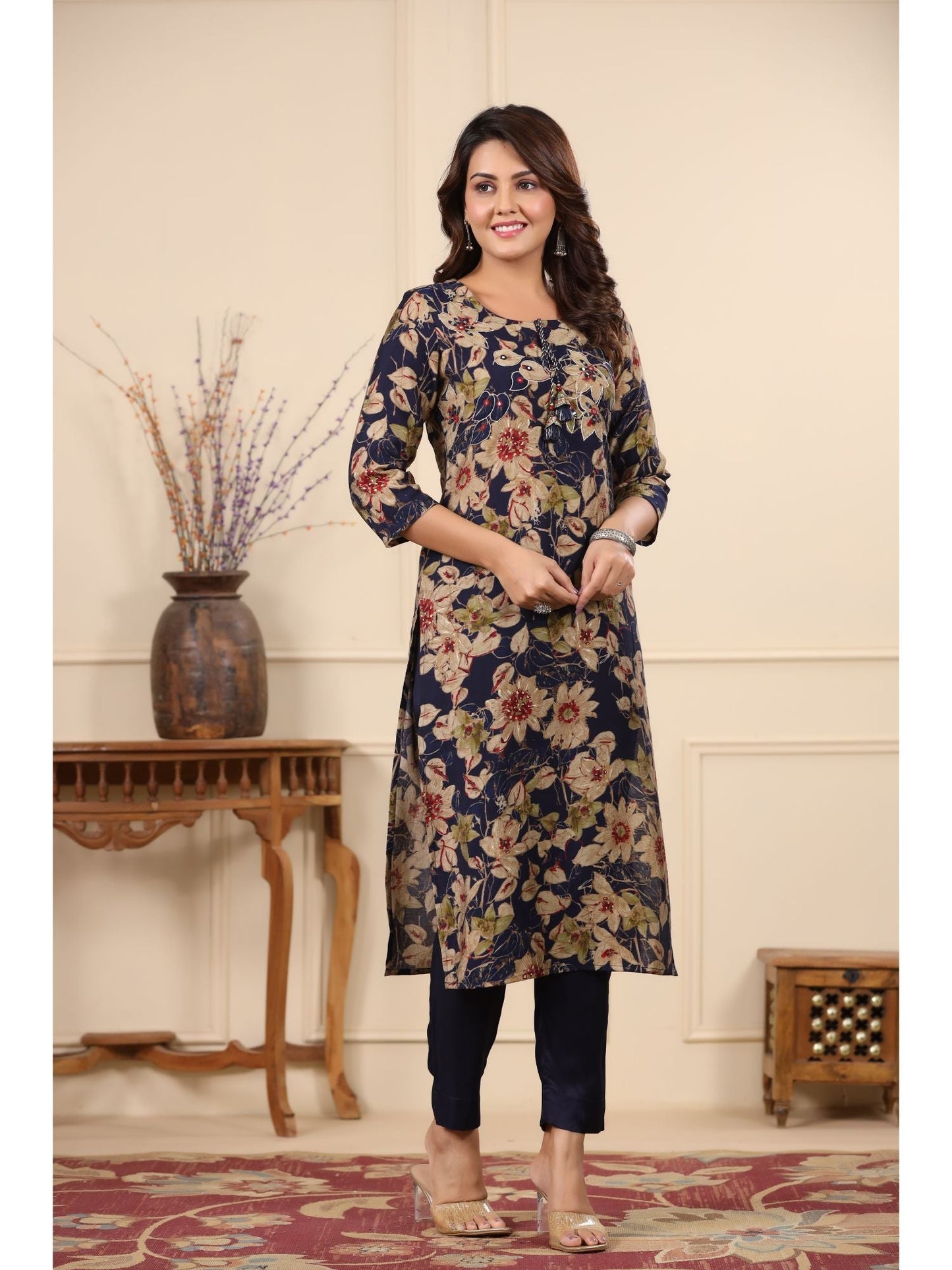 PIROH Women Modal & Shantoon Floral Print Straight Kurta Pant Blue (Set of 2)