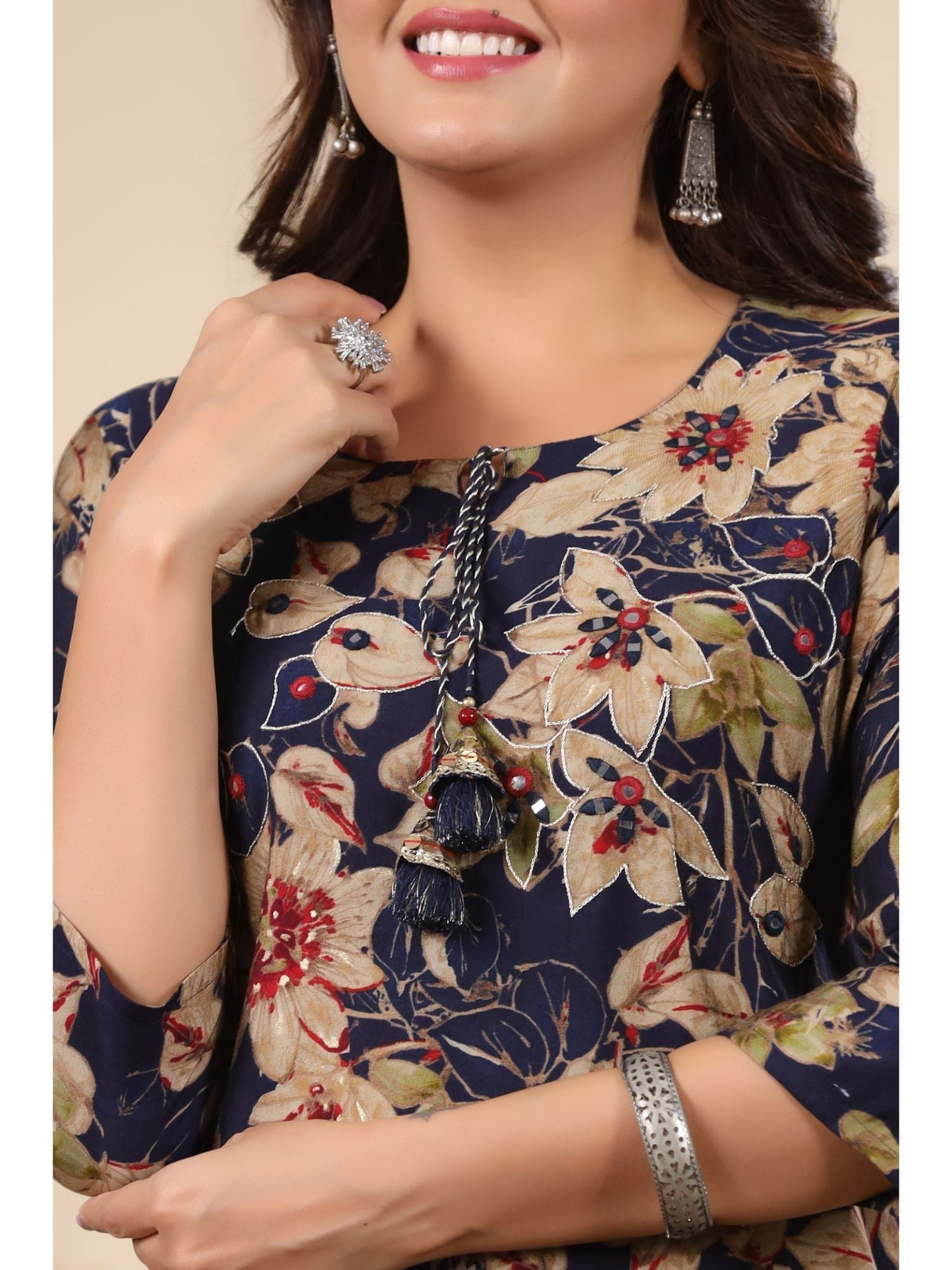 PIROH Women Modal & Shantoon Floral Print Straight Kurta Pant Blue (Set of 2)