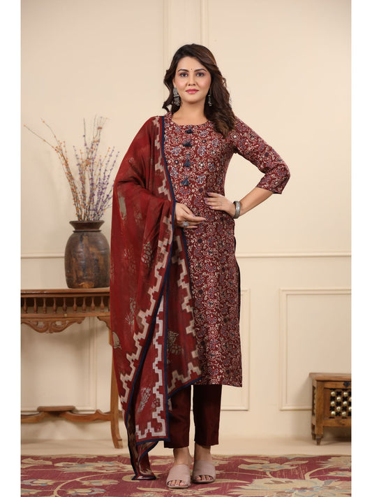 PIROH Women Modal & Shantoon Floral Print Straight Kurta Pant Dupatta Maroon (Set of 3)