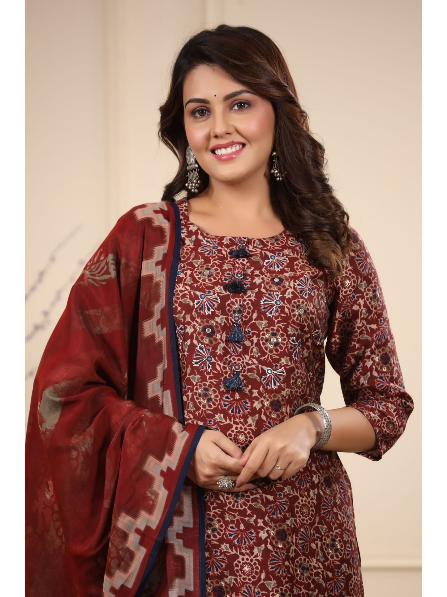 PIROH Women Modal & Shantoon Floral Print Straight Kurta Pant Dupatta Maroon (Set of 3)