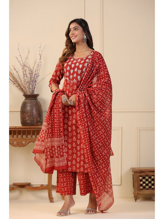 PIROH Women Cotton Floral Print Straight Kurta Palazzo Dupatta Rust (Set of 3) - XL