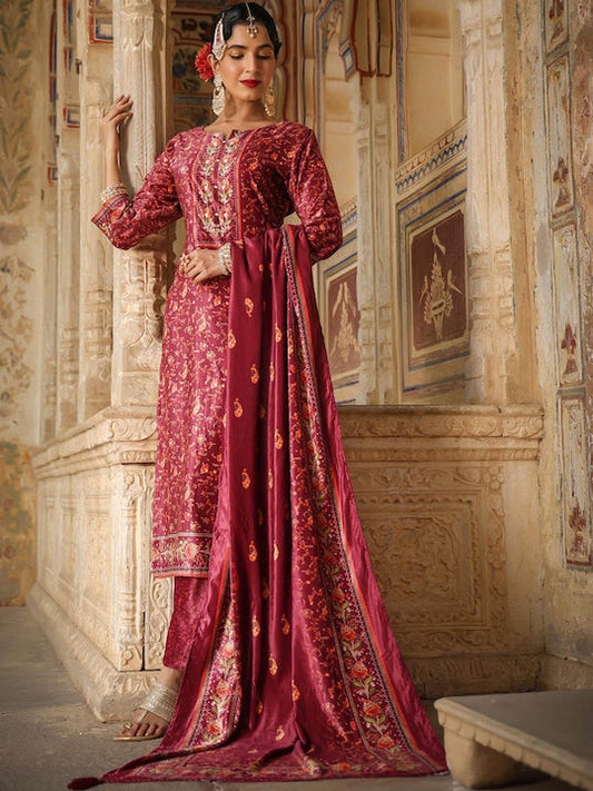 Scakhi Women Rust Floral Printed Sequinned Velvet Kurta with Trousers & With Dupatta