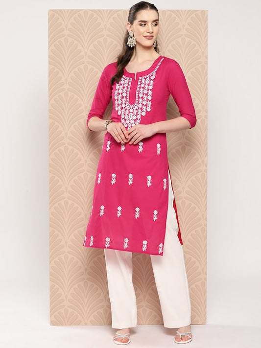 Yufta Floral Embroidered Chikankari Pure Cotton Kurta