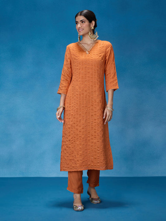 Likha Rust Rangbahar Lurex Chanderi with Sequence Co-ord Set LIKSKD266 (Set of 2)