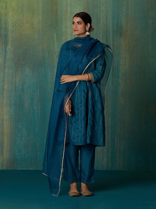 Likha Teal Rangbahar Sequence and Chanderi Kurta Pant and Dupatta LIKSKD267 (Set of 3)