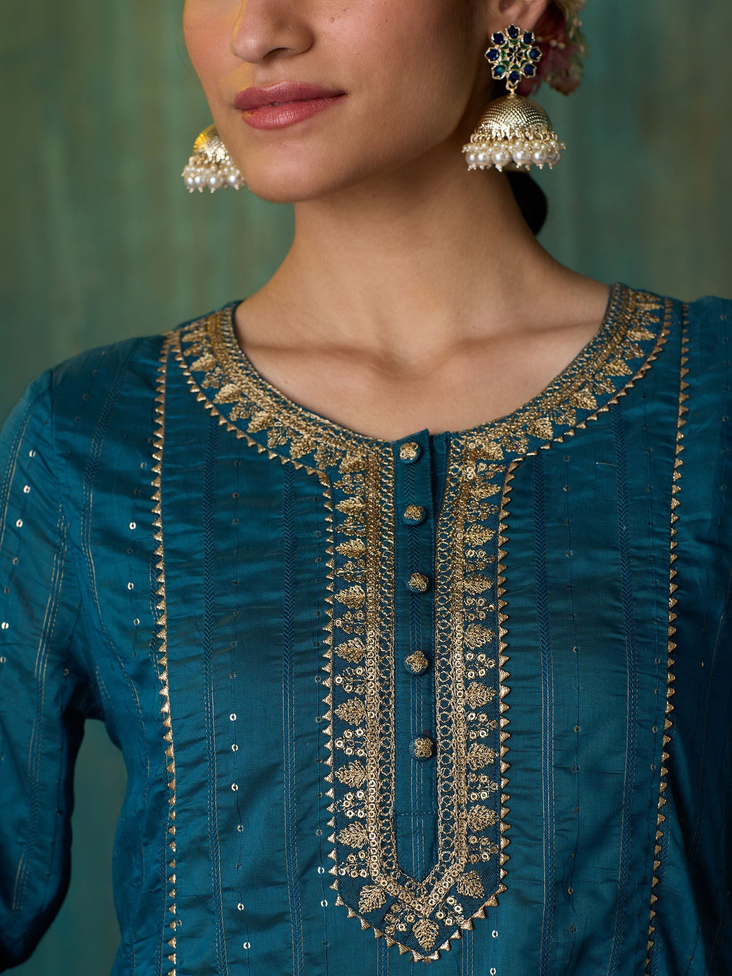 Likha Teal Rangbahar Sequence and Chanderi Kurta Pant and Dupatta LIKSKD267 (Set of 3)