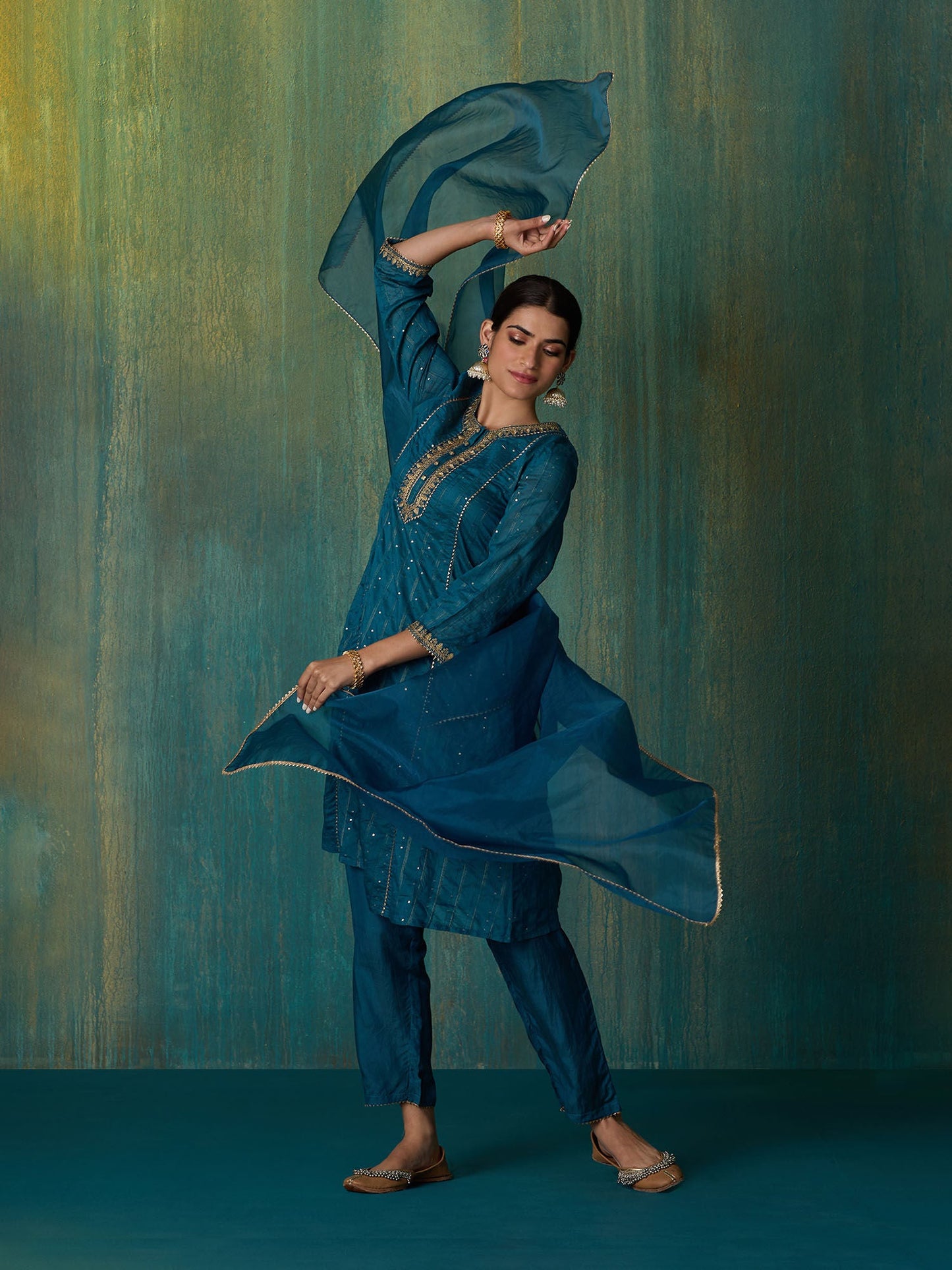 Likha Teal Rangbahar Sequence and Chanderi Kurta Pant and Dupatta LIKSKD267 (Set of 3)