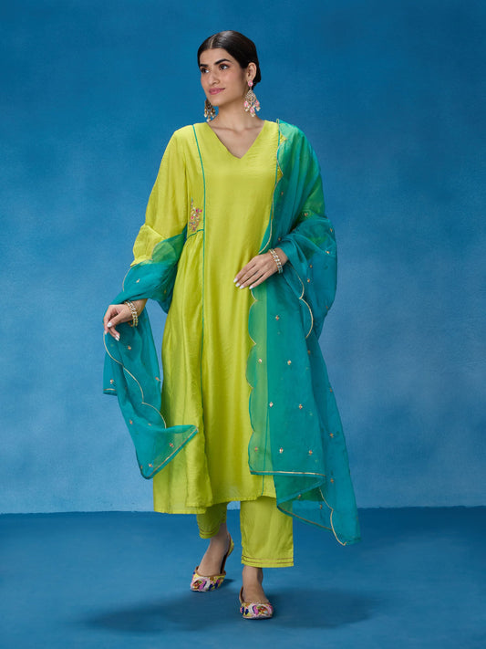 Likha Lime Green Rangbahar Viscose Chanderi Kurta Pant and Dupatta LIKSKD269 (Set of 3) - XL