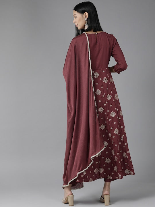 Yufta Women Burgundy Ethnic Motifs Printed Kurta with Trousers & With Dupatta