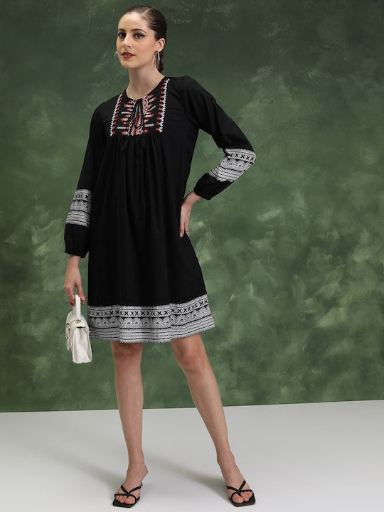Vishudh Self Design Round Neck Self Design Cotton Embroidered A-Line Above Knee Dress