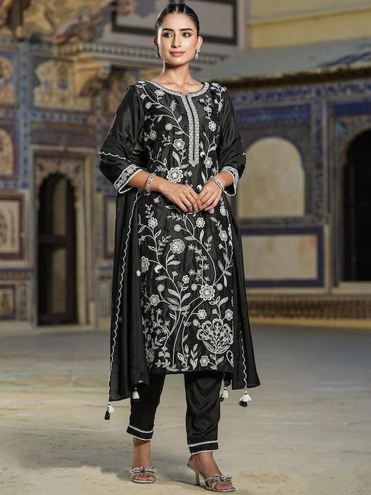 Scakhi Floral Embroidered Chikankari Straight Kurta With Trousers & Dupatta